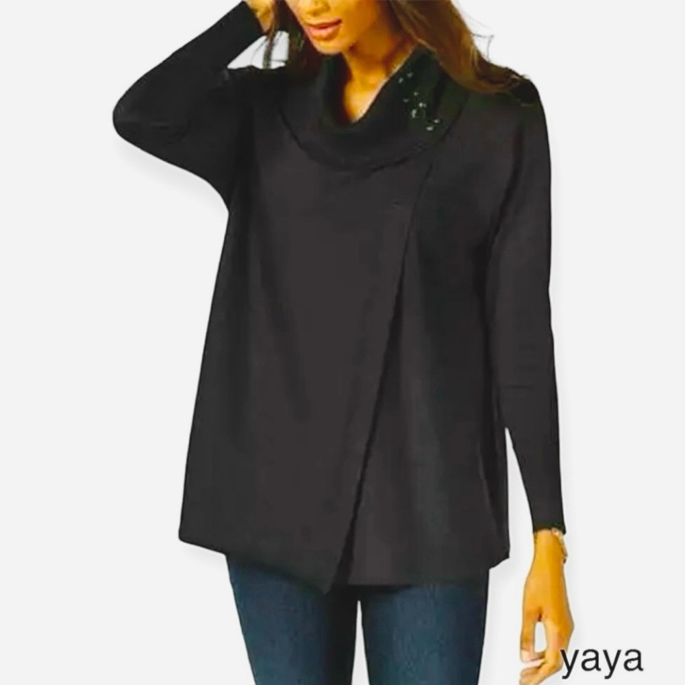 JM Collection  Faux Wrap Cowl Neck Sweater Black Size Medium